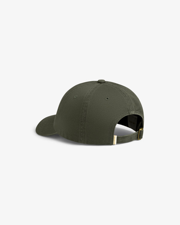 The Cycling Logo Hat in olive green is shown from the back, with an adjustable strap and metal buckle.