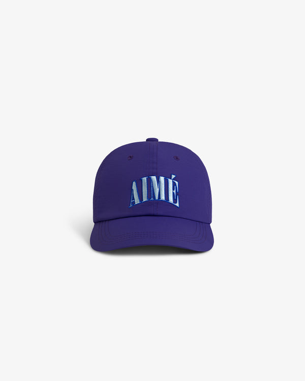 Purple Nylon Crusher Hat with "AIMÉ" embroidered in blue and white on the front, shown against a white background.