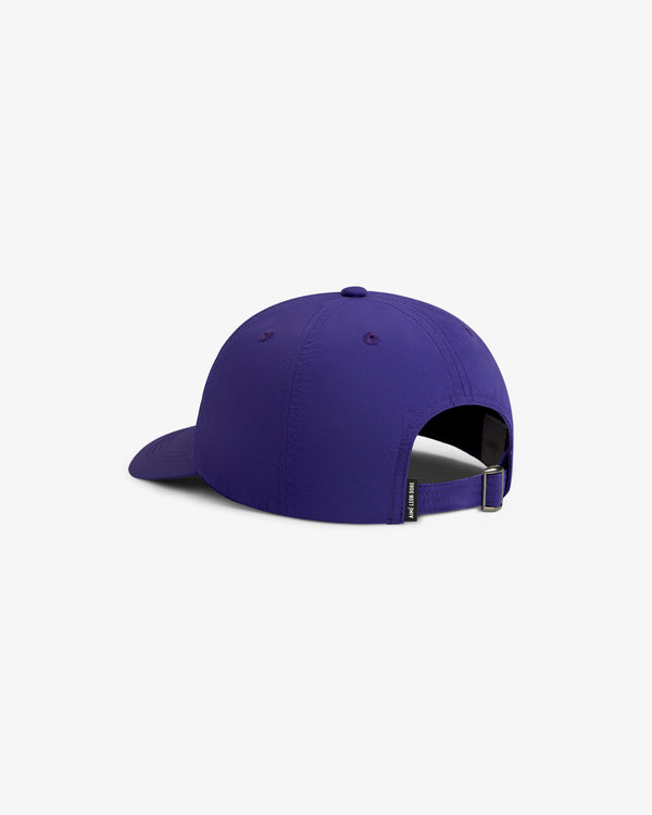 A Nylon Crusher Hat in purple, shown from the back with an adjustable strap and metal clasp.