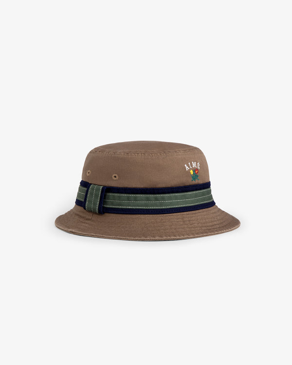 Crest Bucket Hat: brown with green and navy striped band, plus small ALME flower logo embroidered.