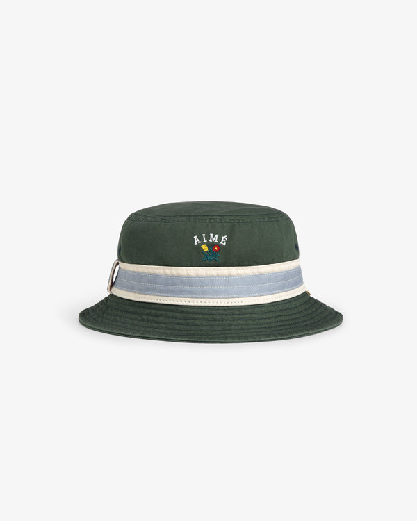 Crest Bucket Hat: dark green with a white/light blue band and AIME above colorful icons on the front.