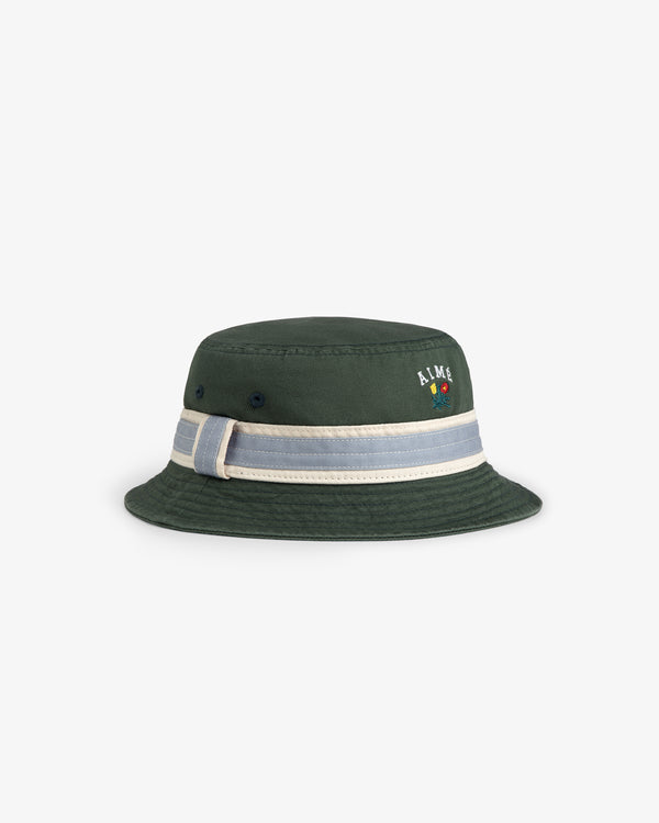 Crest Bucket Hat in dark green with a light gray striped band and small embroidered front design.