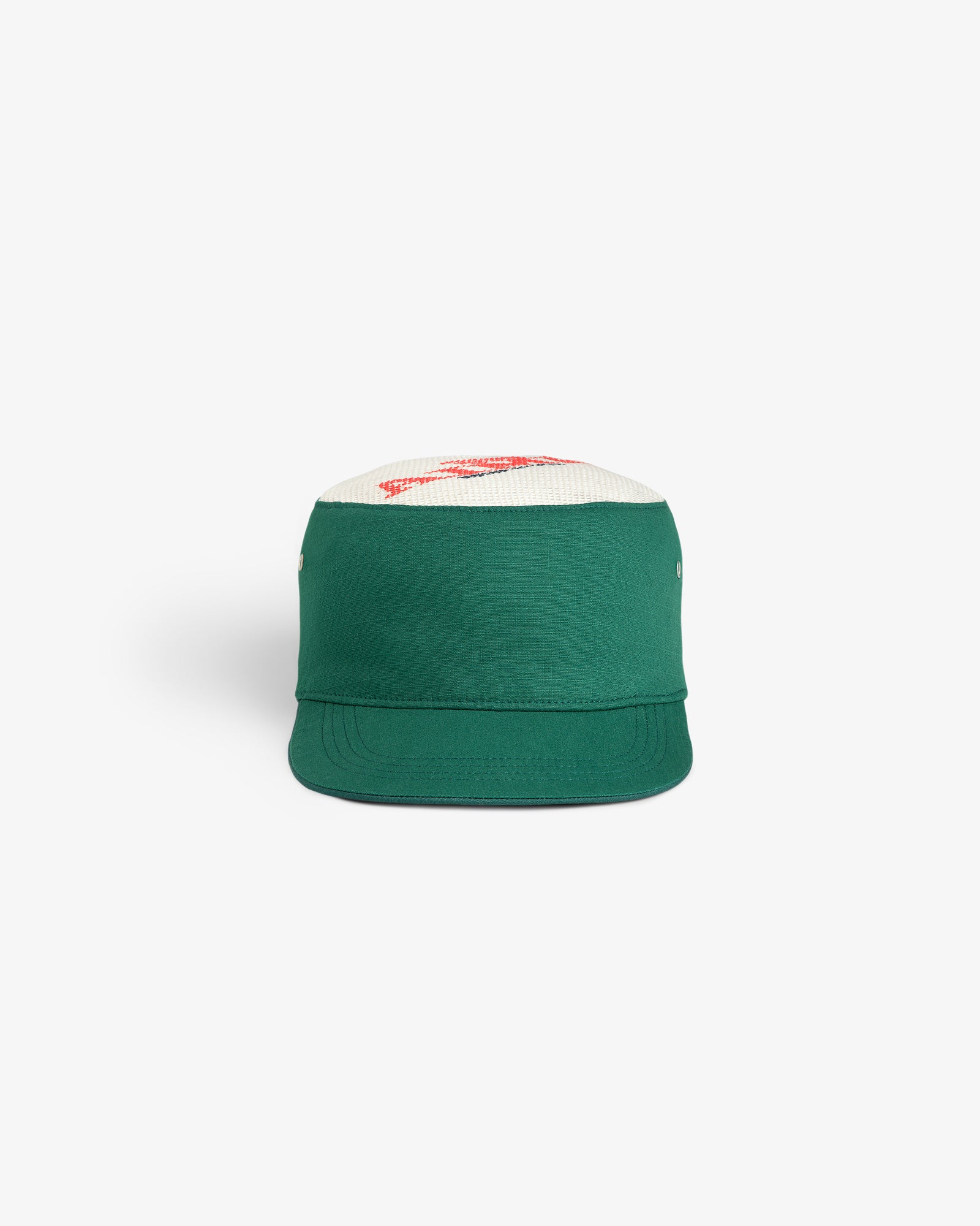 Aimé Painters Hat with green cap, white mesh top, and red graphic, shown front-facing on a white background.
