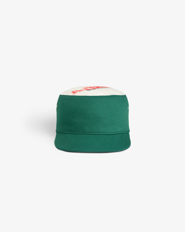Aimé Painters Hat with green cap, white mesh top, and red graphic, shown front-facing on a white background.
