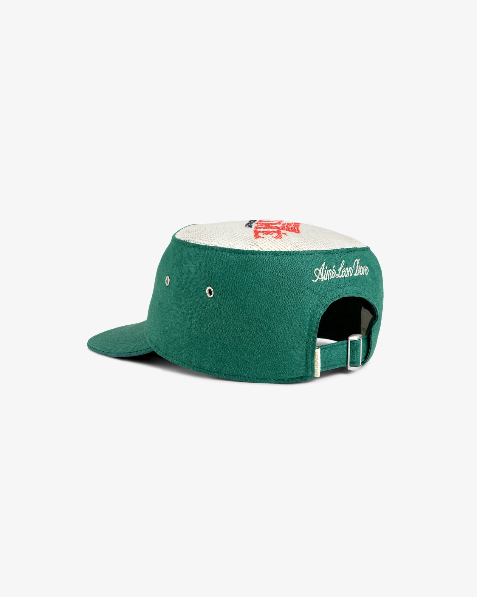 Aimé Painters Hat: green and white, embroidered, adjustable strap, Aimé Leon Dore on the back.