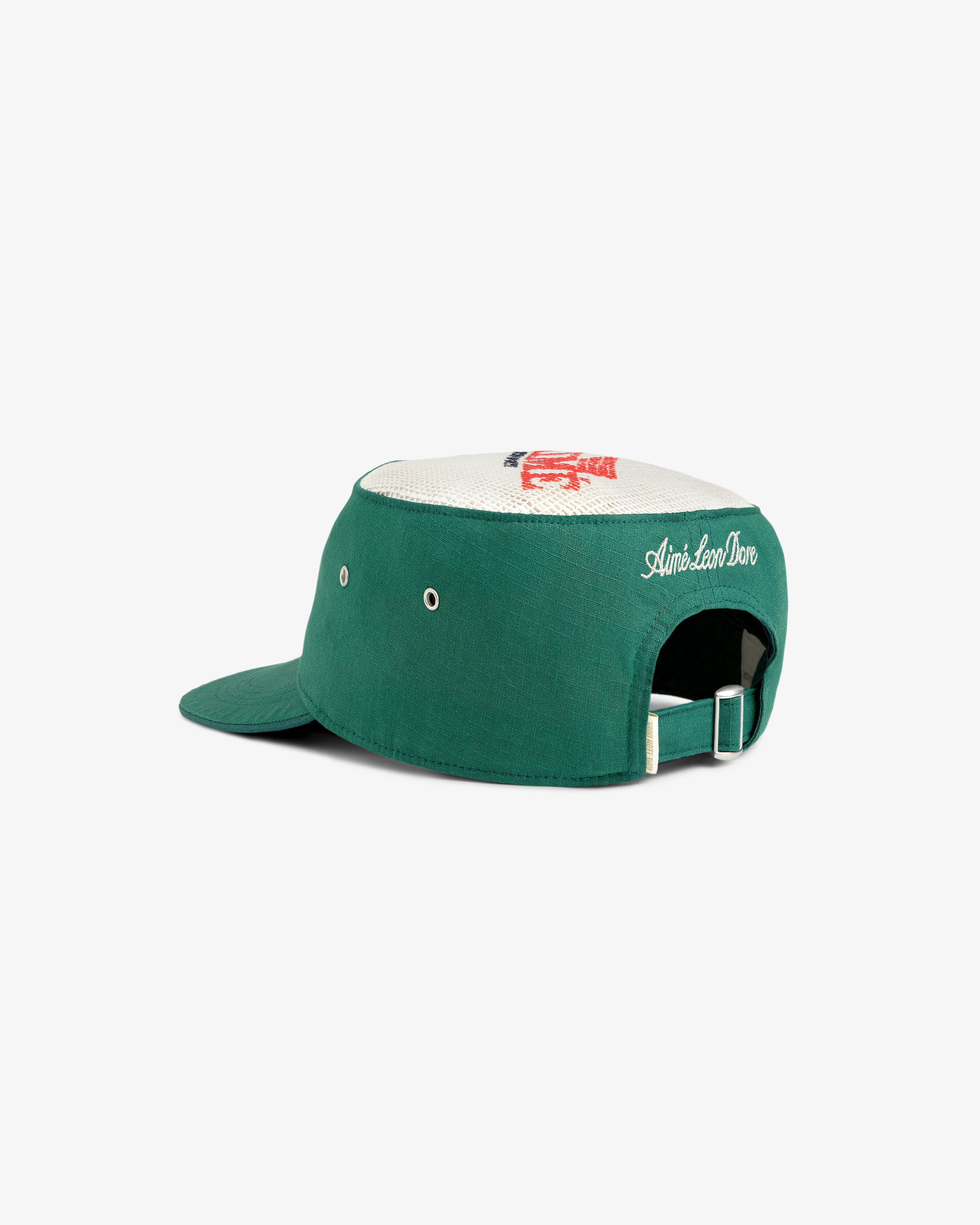 Aimé Painters Hat: green and white, embroidered, adjustable strap, Aimé Leon Dore on the back.