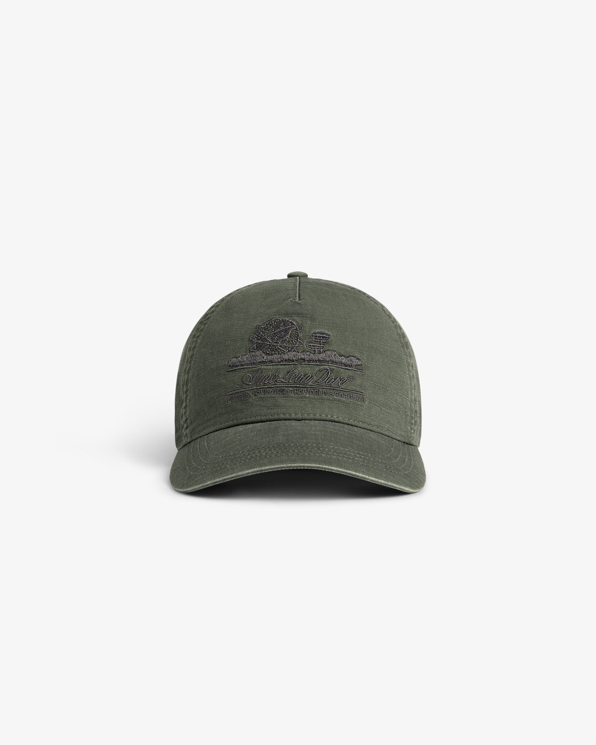Sun Faded Unisphere Hat in olive green with embroidered nature scene and text on front, shown on white background.