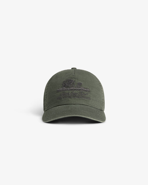 Sun Faded Unisphere Hat in olive green with embroidered nature scene and text on front, shown on white background.
