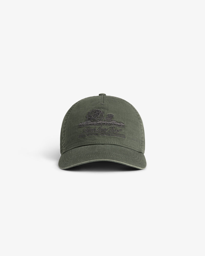 Sun Faded Unisphere Hat in olive green with embroidered nature scene and text on front, shown on white background.