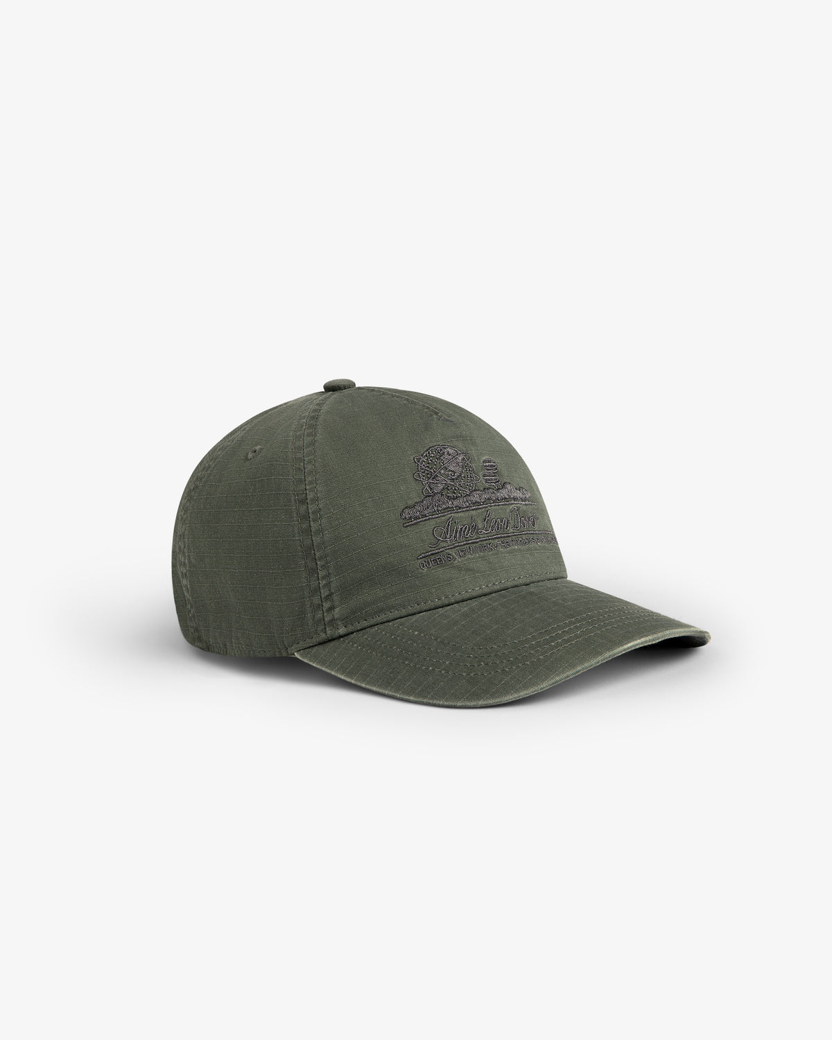 Sun Faded Unisphere Hat in olive green with subtle embroidered logo and curved brim, shown on white background.
