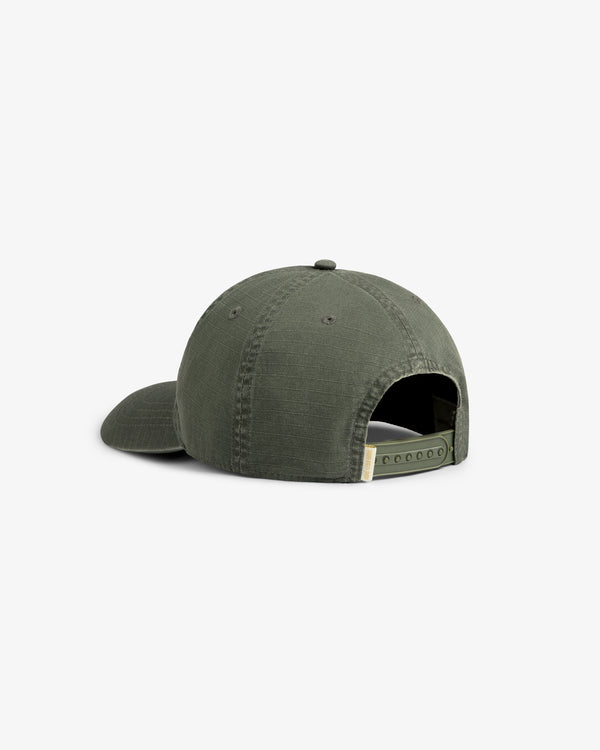 Sun Faded Unisphere Hat in olive green, shown from the back with an adjustable snapback closure.