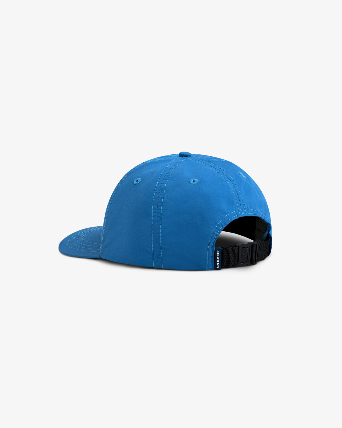 Nylon Sport Hat in blue, shown from the back with adjustable black strap and metal clasp.