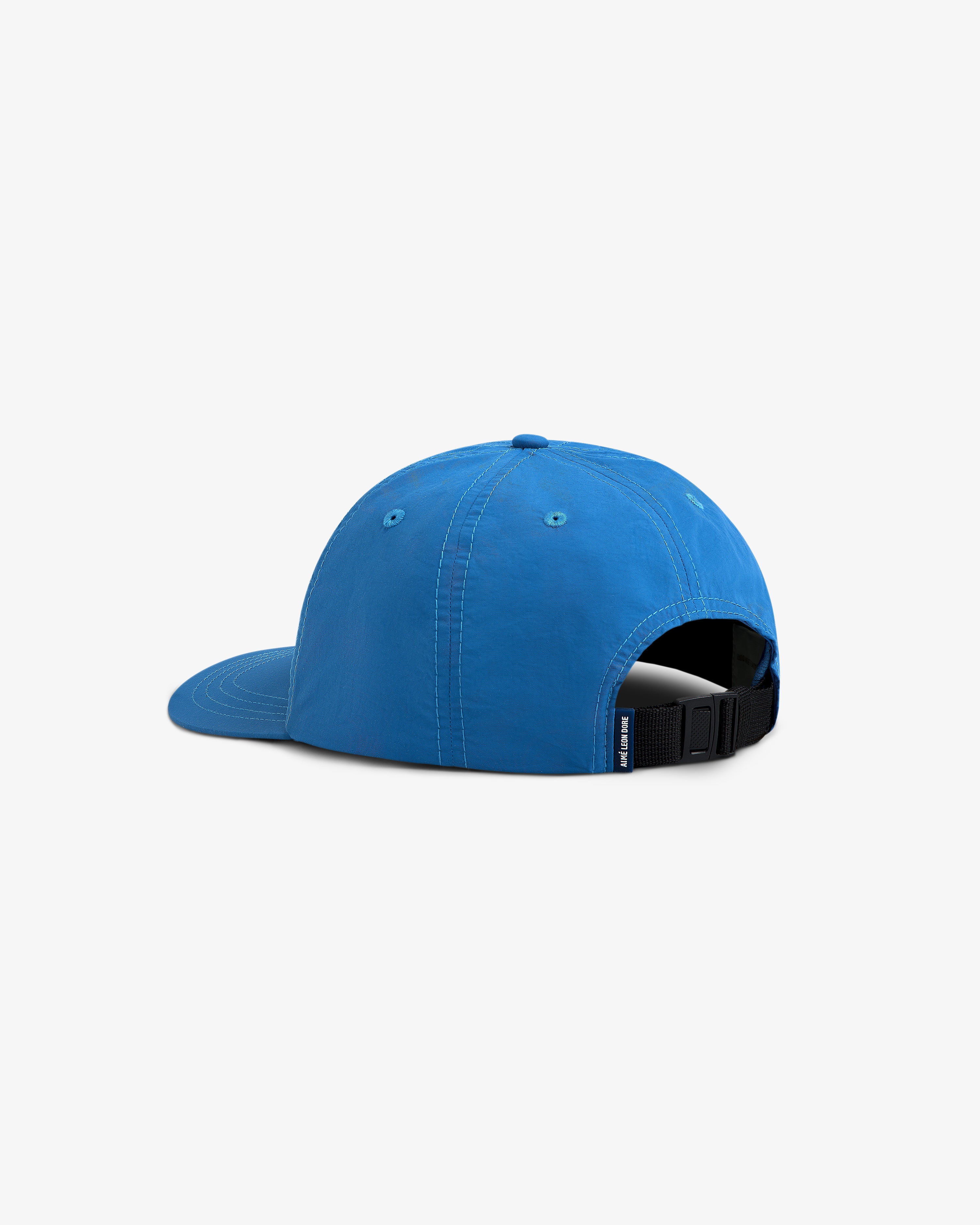 Nylon Sport Hat in blue, shown from the back with adjustable black strap and metal clasp.