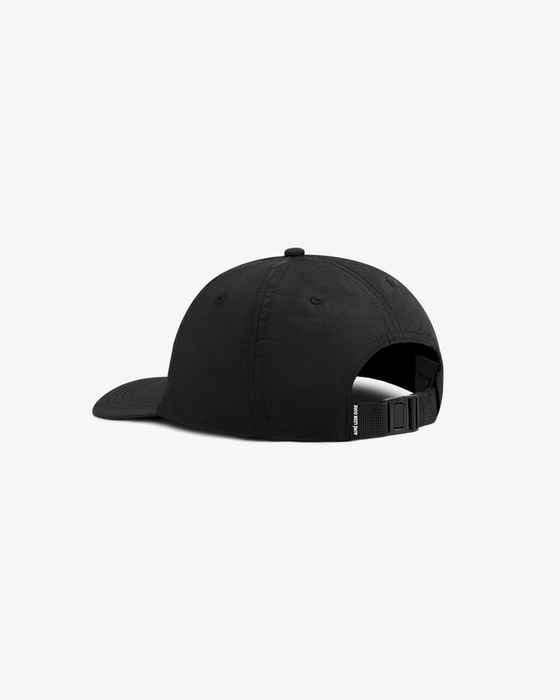 A black Nylon Sport Hat shown from the back with an adjustable strap and curved brim on a white background.