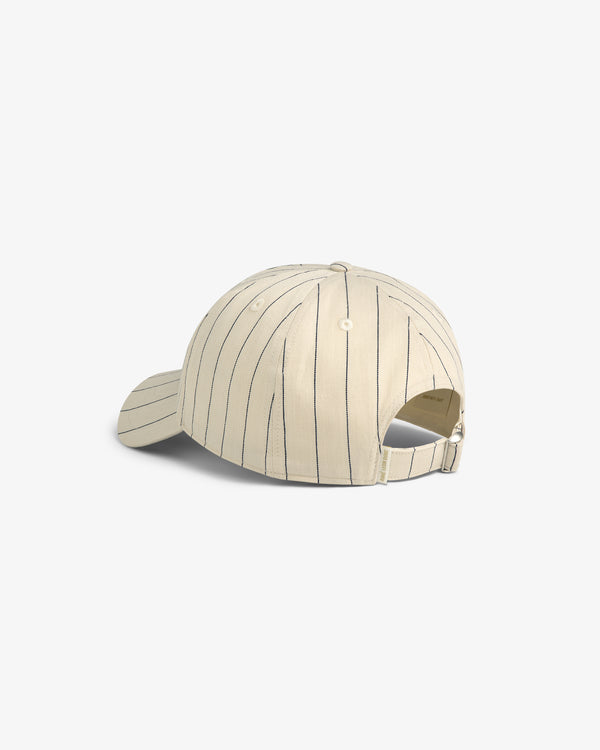 Back view of Pinstripe Suiting Hat: beige baseball cap with thin black stripes and adjustable strap.