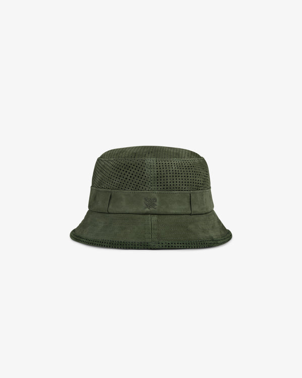 The Perforated Suede Bucket Hat in dark green features a subtle front logo, shown on a white background.