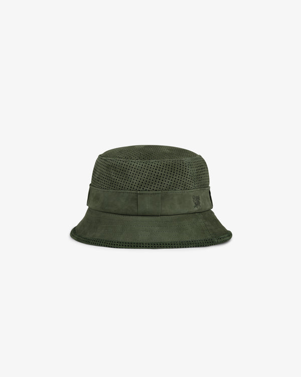 Perforated Suede Bucket Hat in dark green with a wide, flat brim and decorative band on a plain white background.