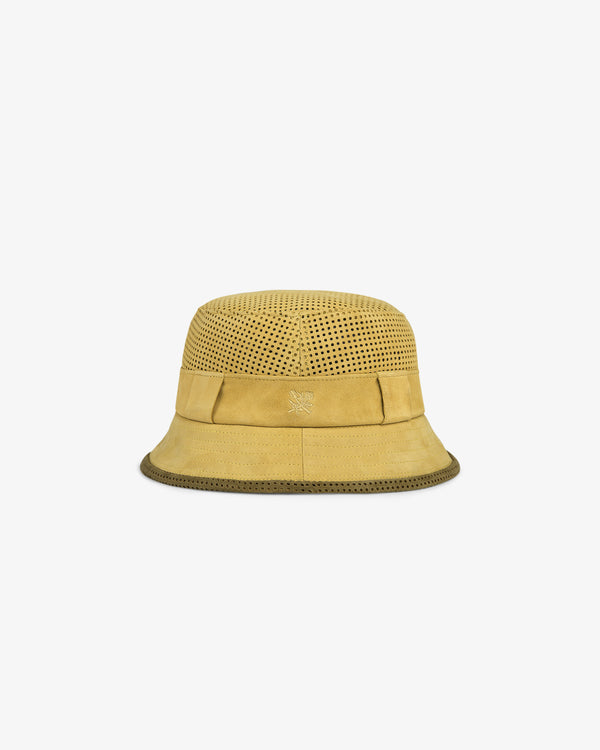 Perforated Suede Bucket Hat in yellow suede with a perforated crown and subtle front logo, shown on a white background.
