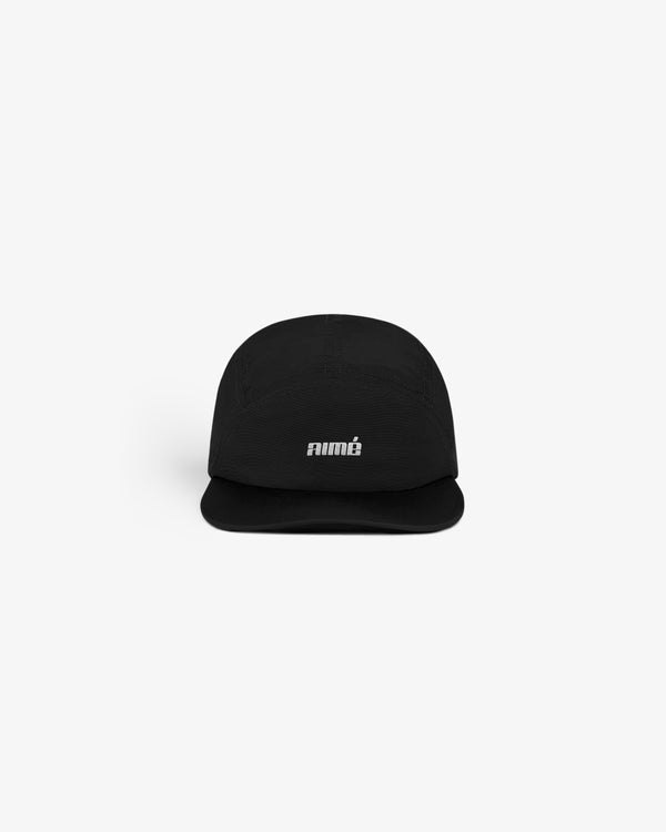 Aimé Performance Sport Hat in black with "animé" in white text on front, shown on a plain white background.