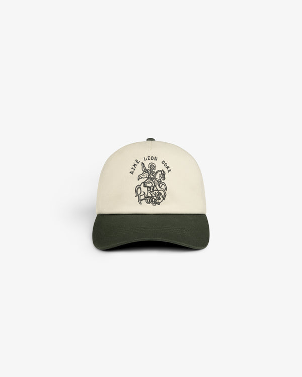 Beige and dark green Saint George Logo Hat with line art and SAVE LEON ORE text on the front.