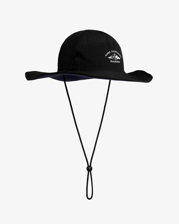 Marina Boonie Bucket Hat with wide brim, chin strap, and white embroidered logo, shown on a white background.