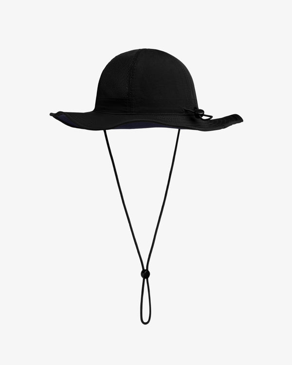 The Marina Boonie Bucket Hat, black with a wide brim and adjustable chin strap, shown on a plain white background.