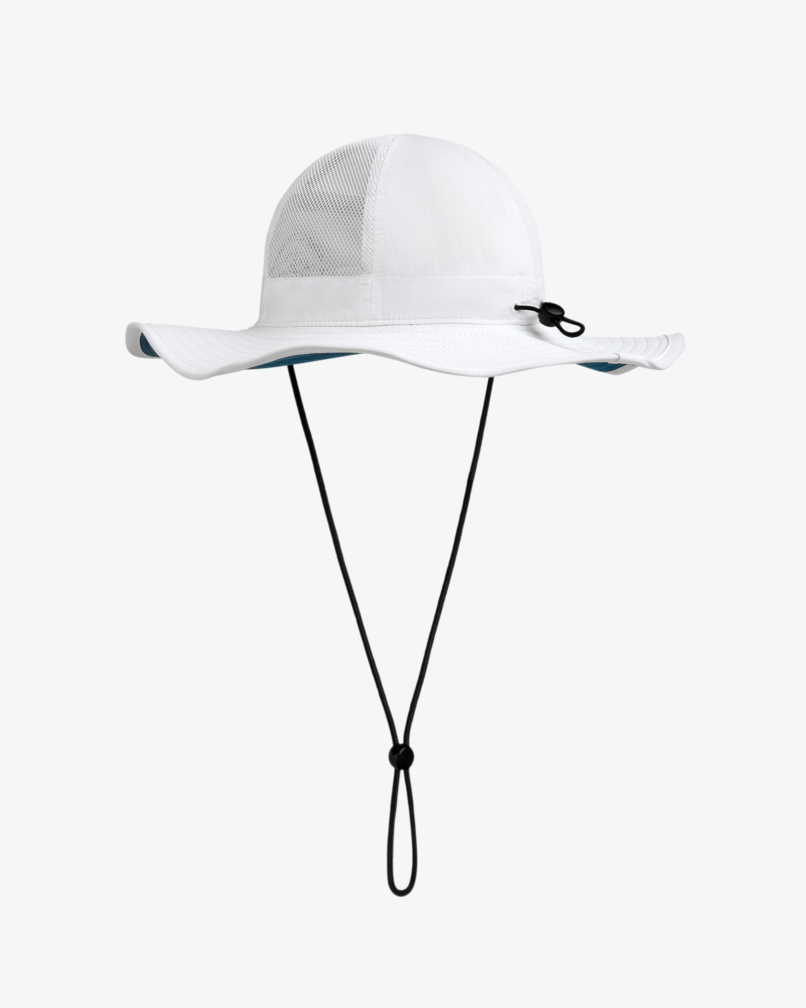 Marina Boonie Bucket Hat: white wide-brim hat with mesh panels and an adjustable black chin strap on a white background.