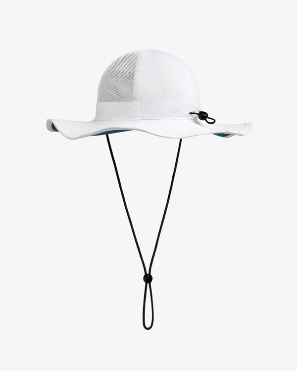Marina Boonie Bucket Hat: white wide-brim hat with mesh panels and an adjustable black chin strap on a white background.