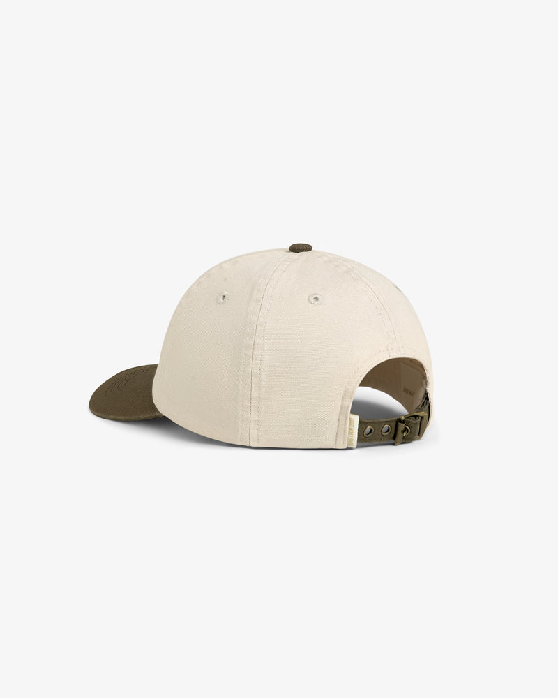 Colorblock Lure Hat in beige with olive green brim and adjustable strap, shown from back and side on white background.