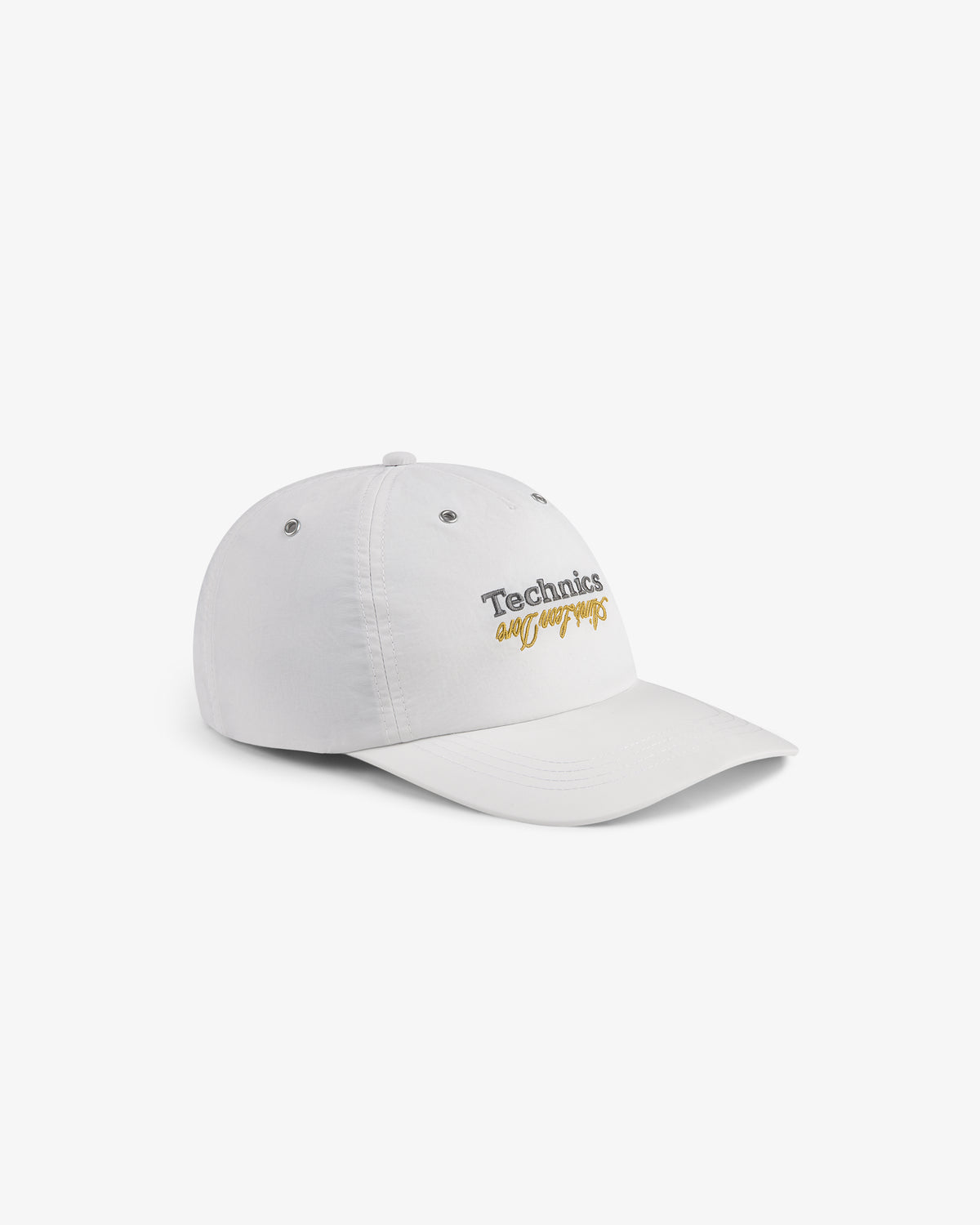 ALD / Technics Nylon Logo Hat with "Technics" and "allways" embroidered on front in black and yellow text.