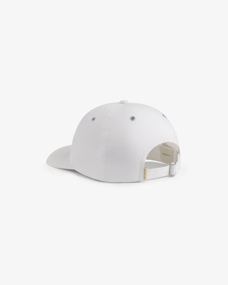 The ALD / Technics Nylon Logo Hat in white, shown from the back with an adjustable strap and silver buckle.