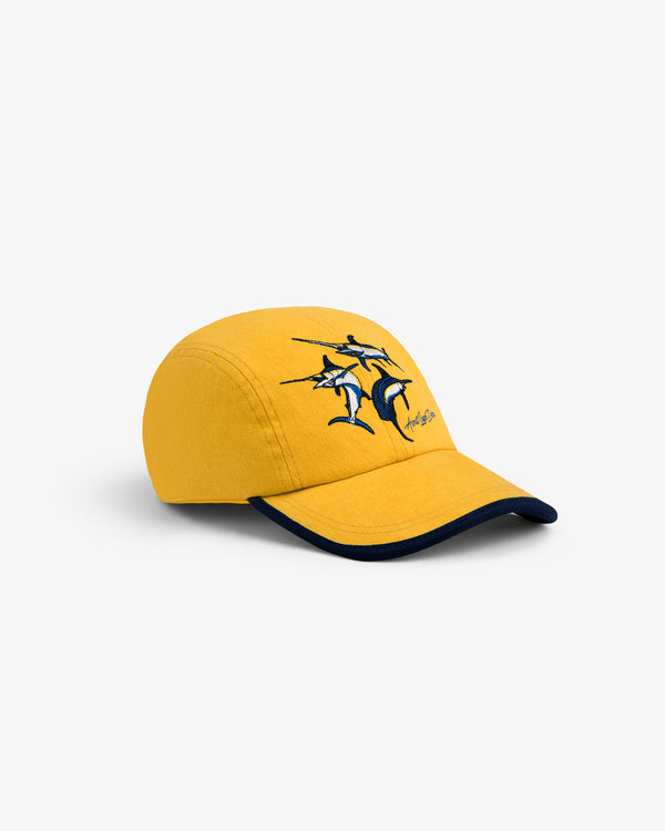 Souvenir Fishing Hat: Yellow cap with navy blue brim edge and an embroidered swordfish on the front.