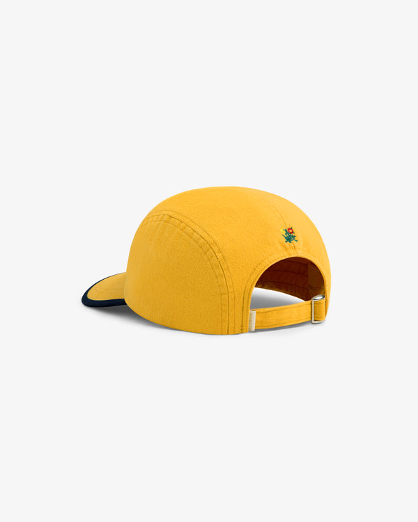 Souvenir Fishing Hat in yellow, shown from the back with an adjustable strap and small embroidered detail above opening.
