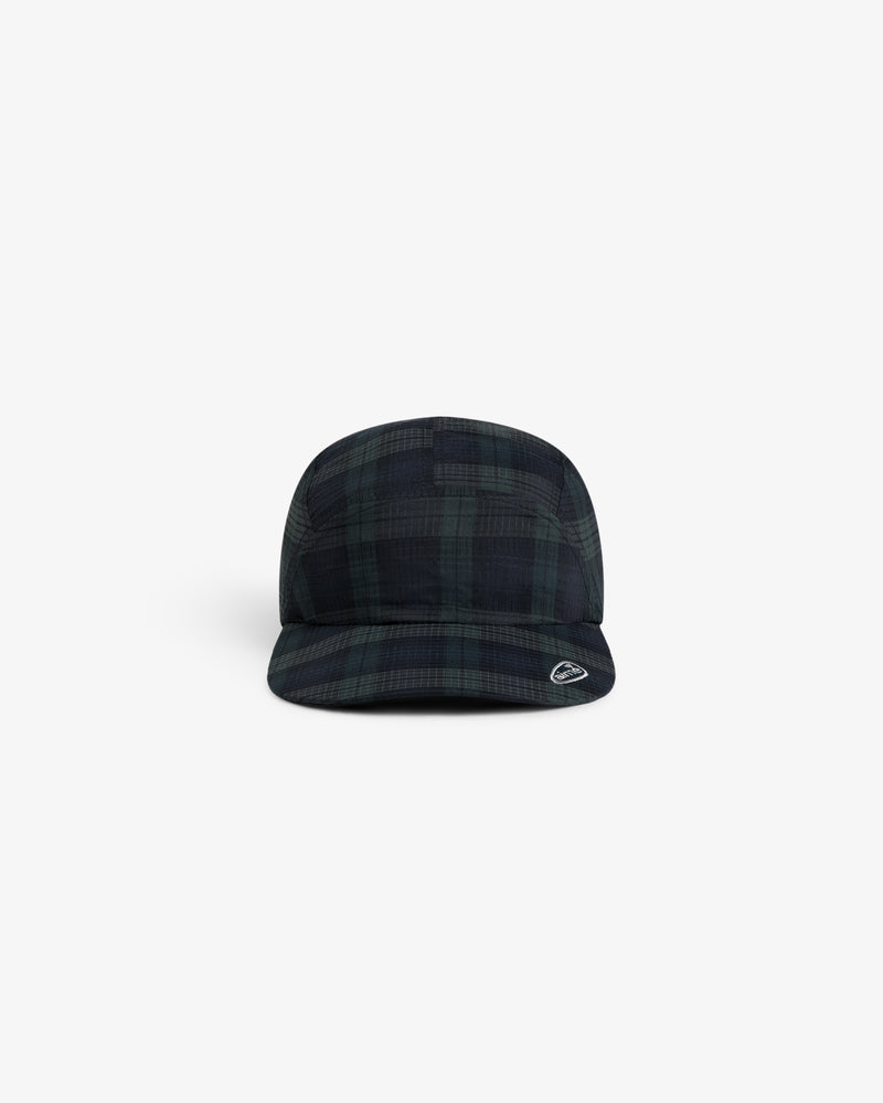 ALD Golf Performance Sport Hat in dark green and black plaid with flat brim, front view on white background.