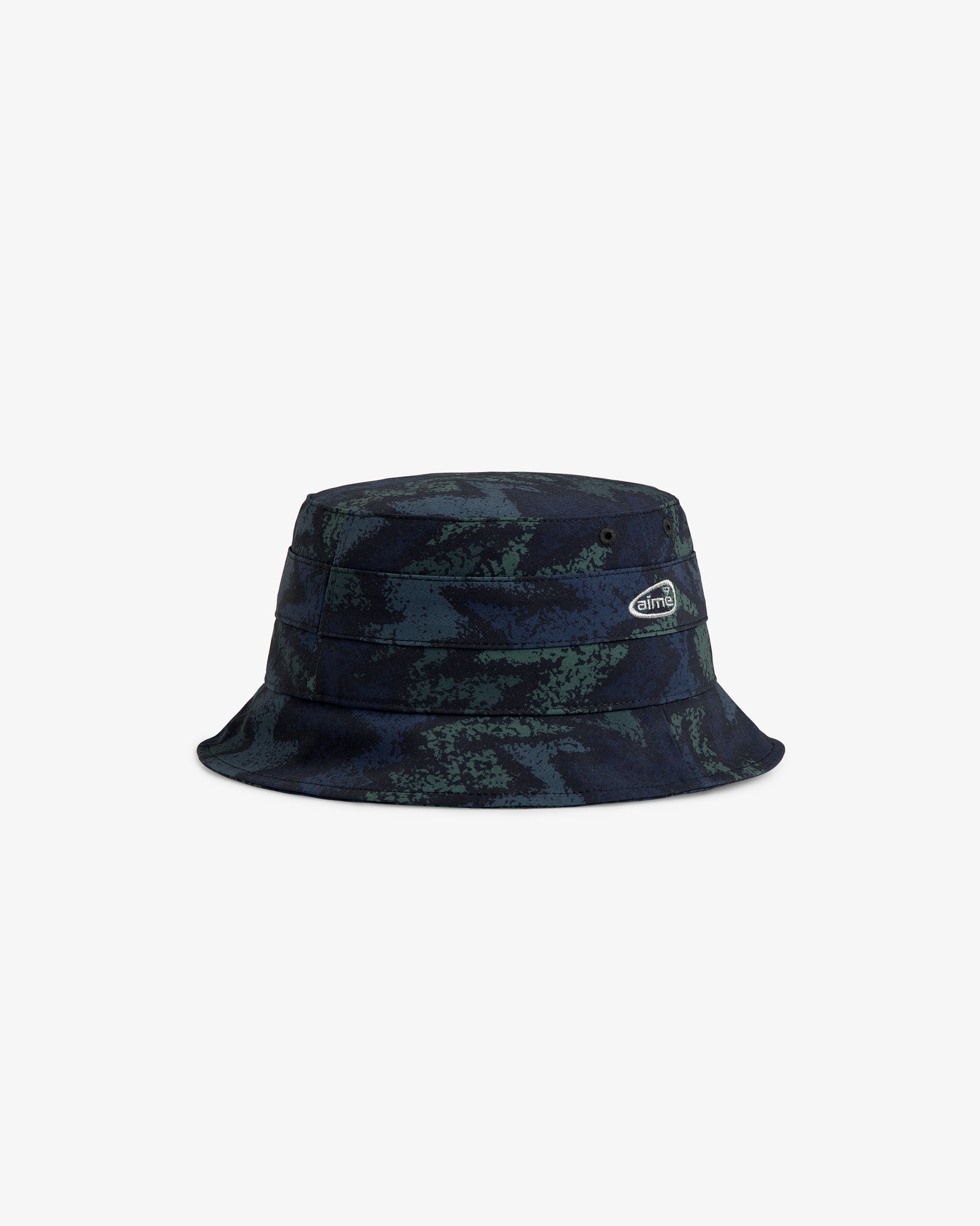 ALD Golf Bucket Hat in dark blue and green camo with a silver oval logo patch, shown on a plain background.