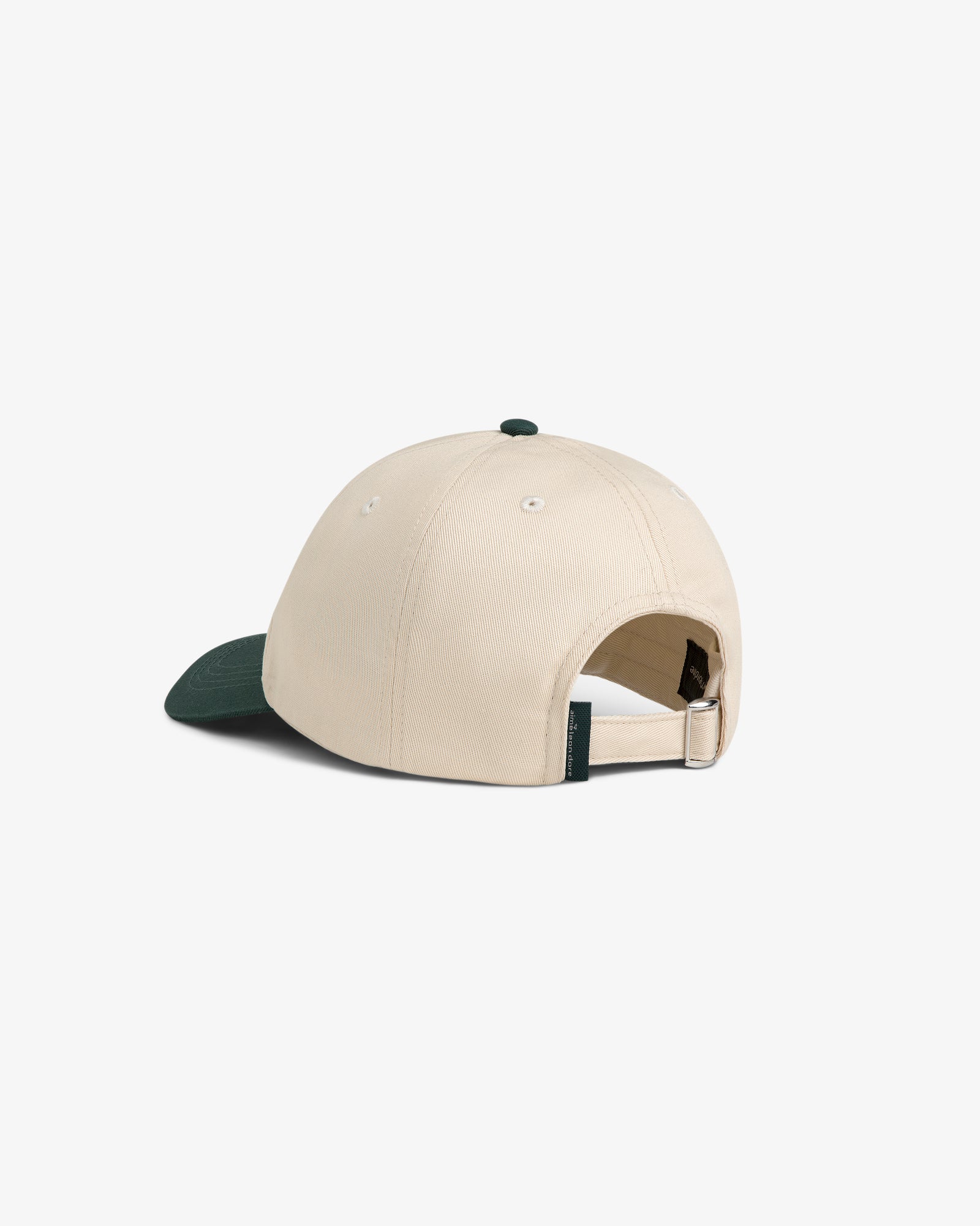 ALD Golf Logo Hat in beige with green brim, shown from the back with adjustable strap and metal clasp.