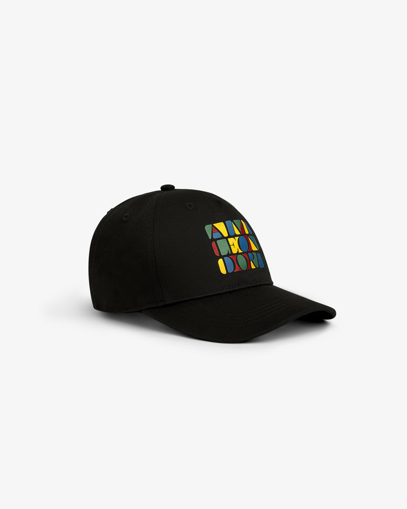 Stacked Logo Hat featuring a colorful geometric design on the front, displayed on a plain white background.