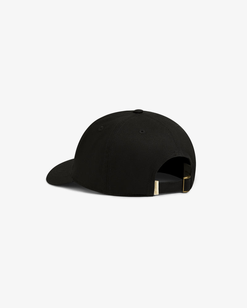 Stacked Logo Hat in black, shown from the back with a curved brim and an adjustable strap with a gold buckle.