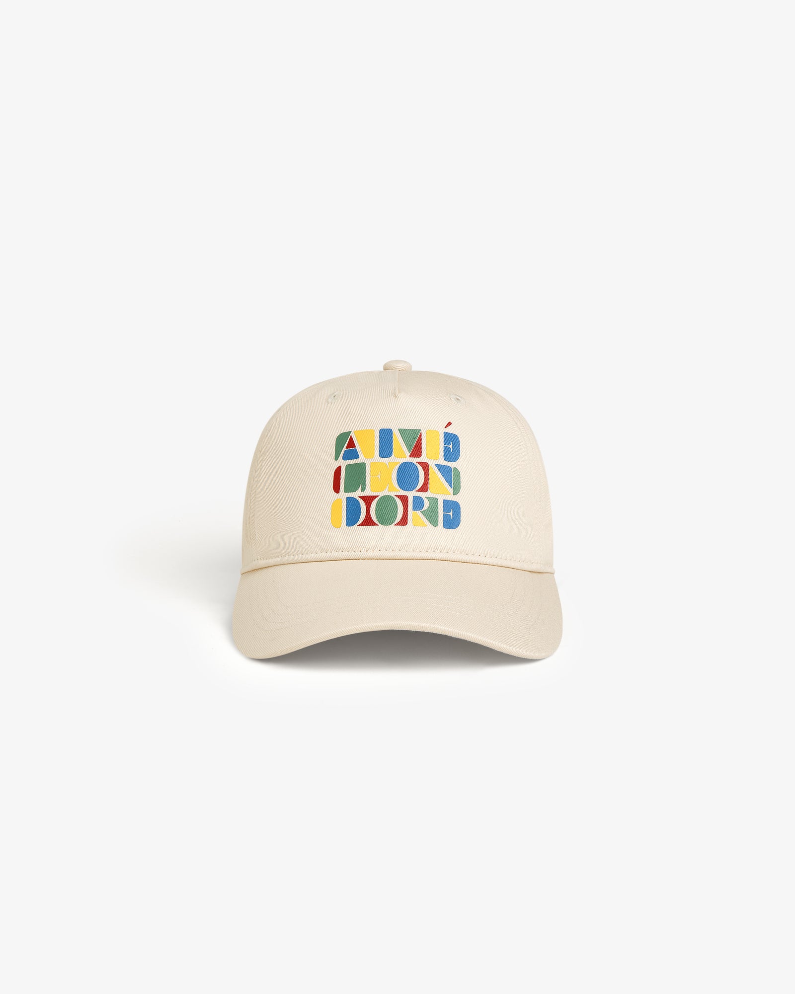 Beige Stacked Logo Hat with colorful, blocky Aimé Leon Dore text design on the front.