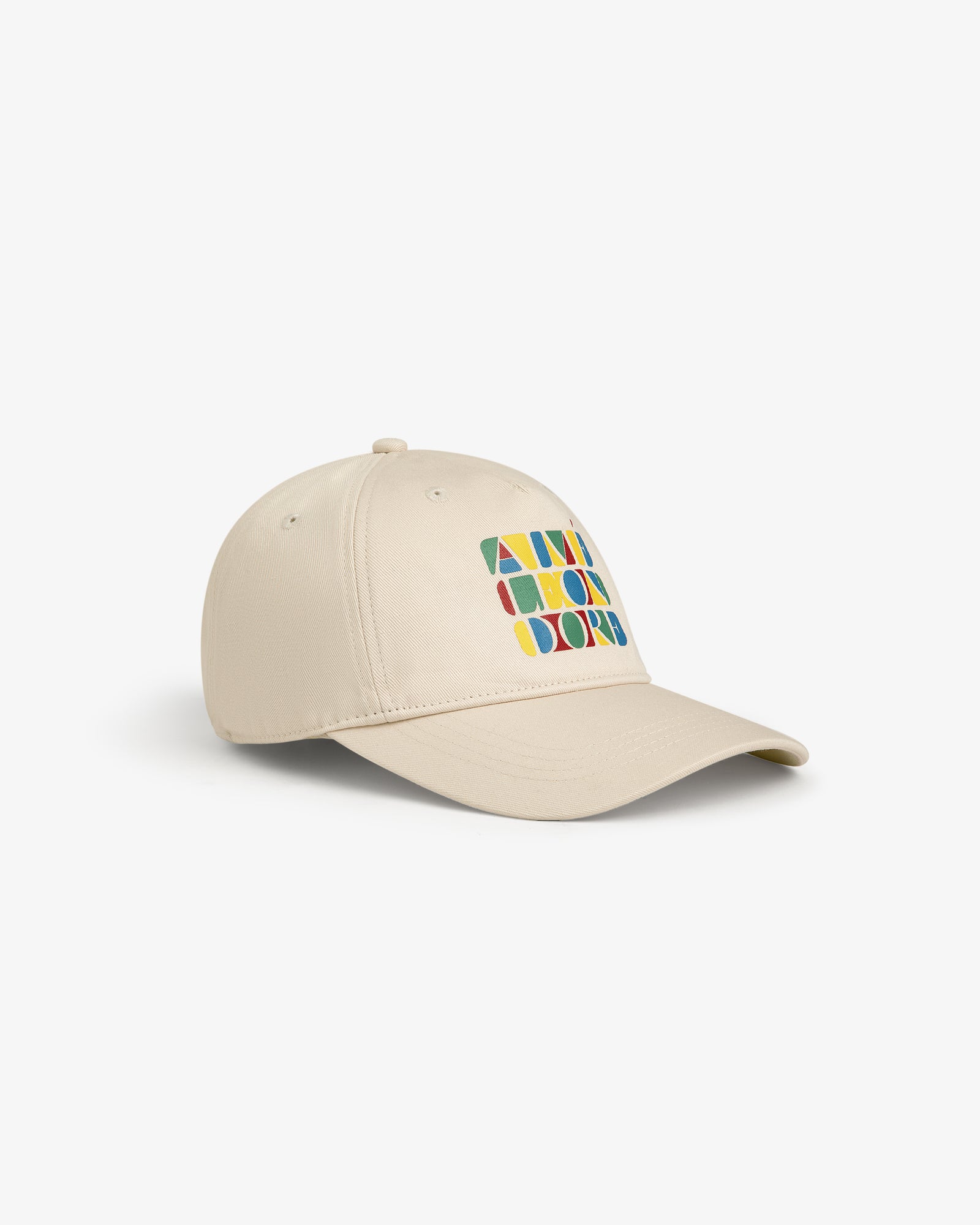 Stacked Logo Hat: beige baseball cap with colorful geometric shapes and letters on the front, shown on white background.