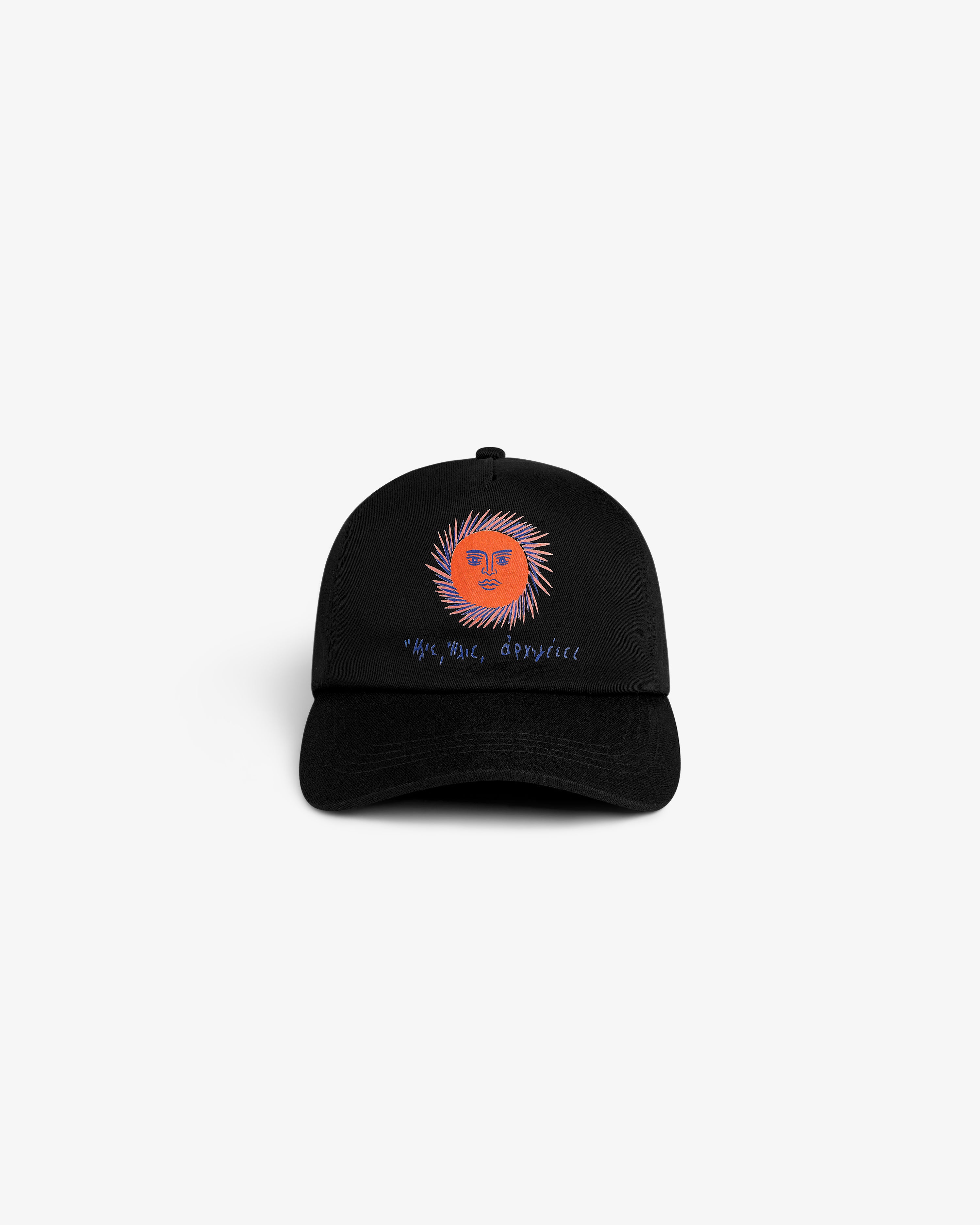 Fassianos Graphic Hat: black cap with orange sun and face design, blue text on front, white background.