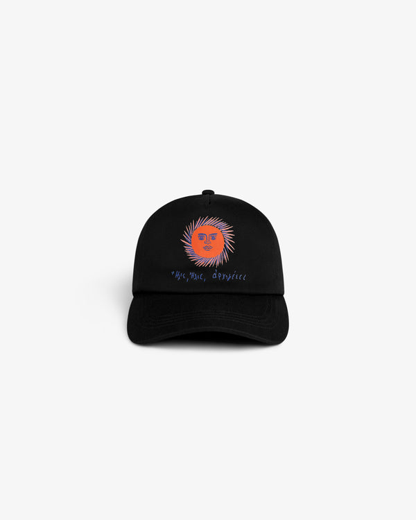 Fassianos Graphic Hat: black cap with orange sun and face design, blue text on front, white background.