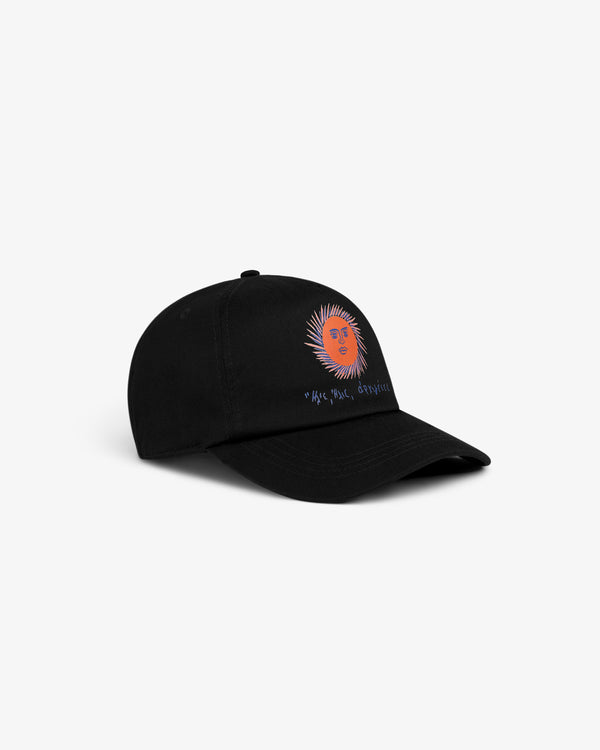 Fassianos Graphic Hat: black baseball cap with orange sun and handwritten text, shown on a white background.
