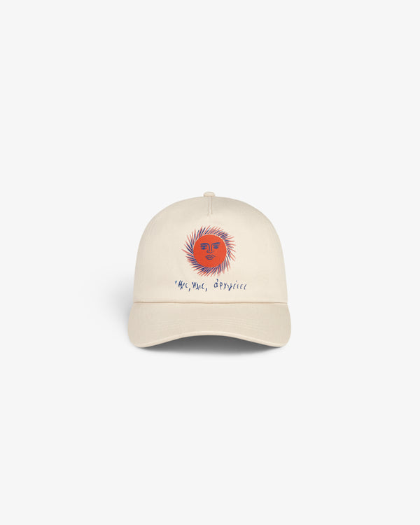Fassianos Graphic Hat: Beige baseball cap with a red-orange sun and handwritten text on the front.