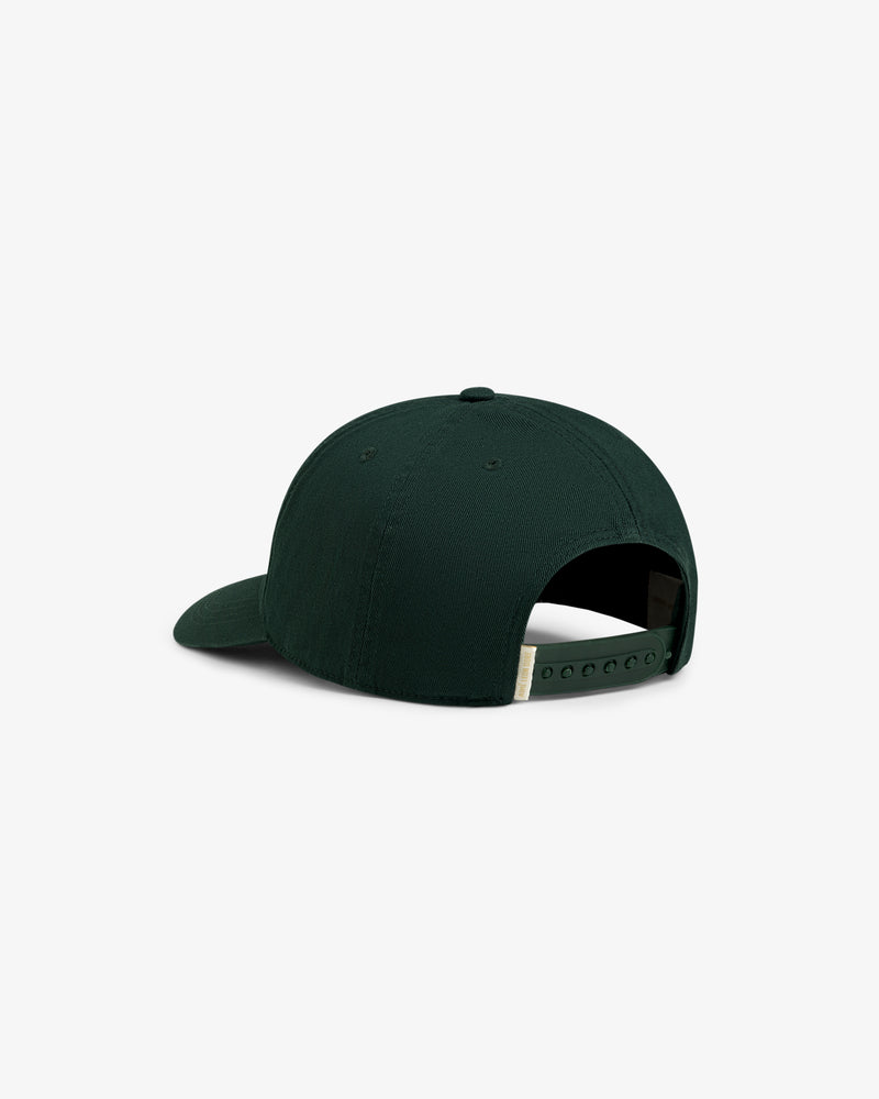 The Micro Logo Hat is a dark green baseball cap with an adjustable snapback closure, shown from the back.