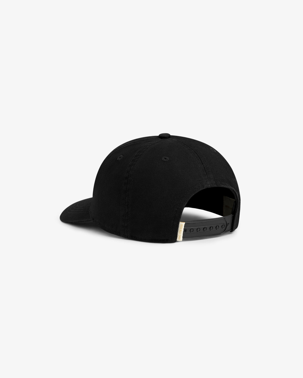 The Micro Logo Hat in black features an adjustable snap closure and a curved brim, shown from the back.