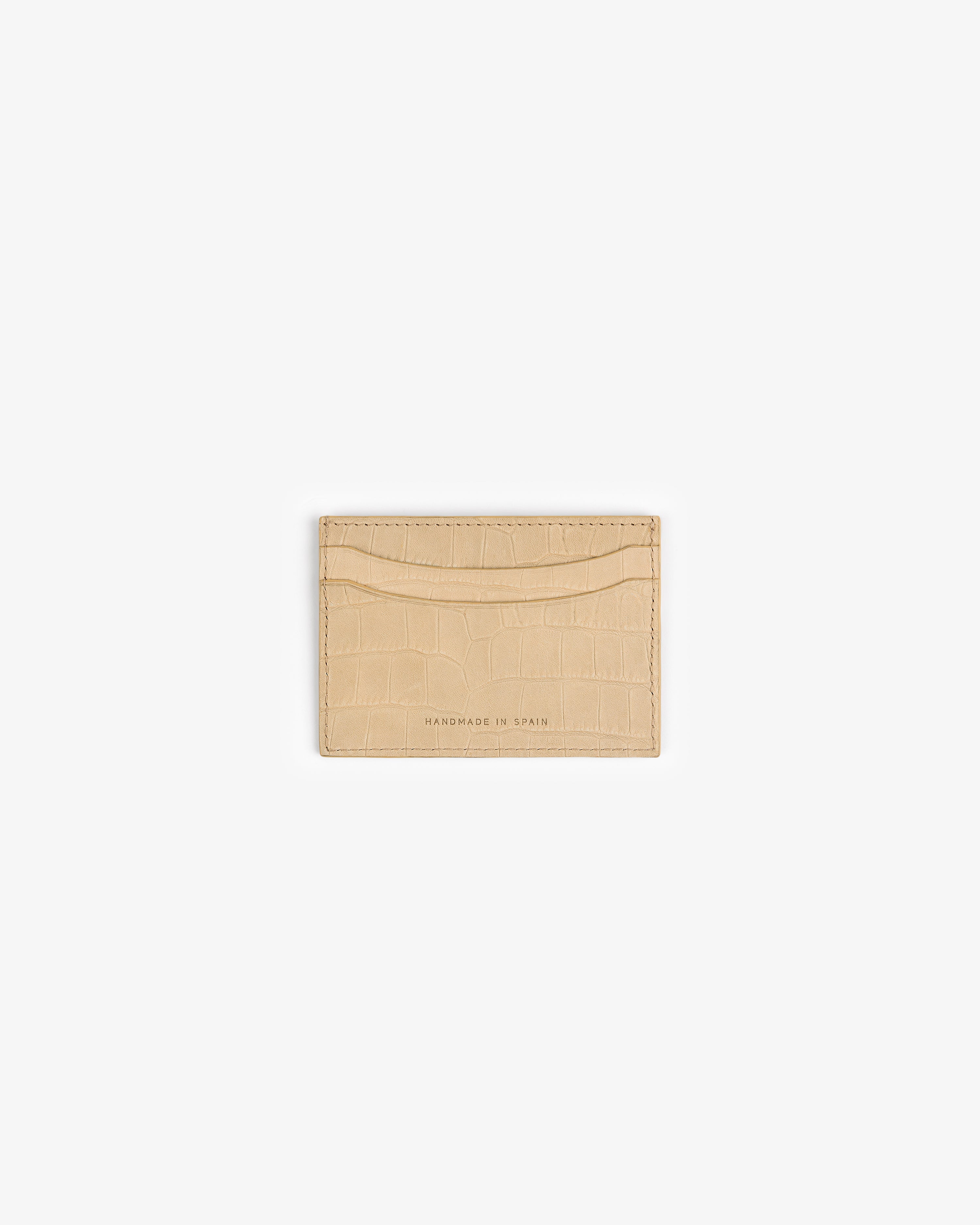 Croc-Embossed Nubuck Cardholder with two slots and "Handmade in Spain" text, shown on a white background.