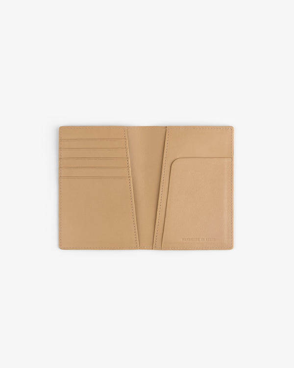 Croc-Embossed Nubuck Passport Holder with multiple slots and a pocket, shown open on a white background.