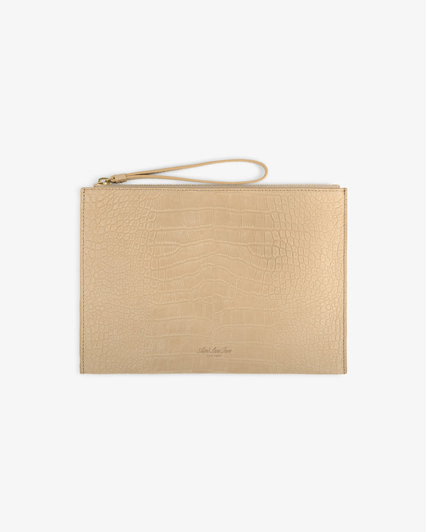 Small Croc-Embossed Nubuck Pouch with gold zipper and slim wrist strap, shown on a white background.
