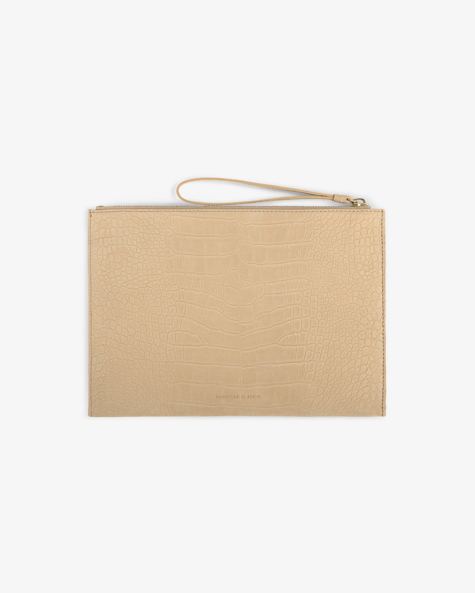Small Croc-Embossed Nubuck Pouch with zipper and wrist strap, shown against a white background.